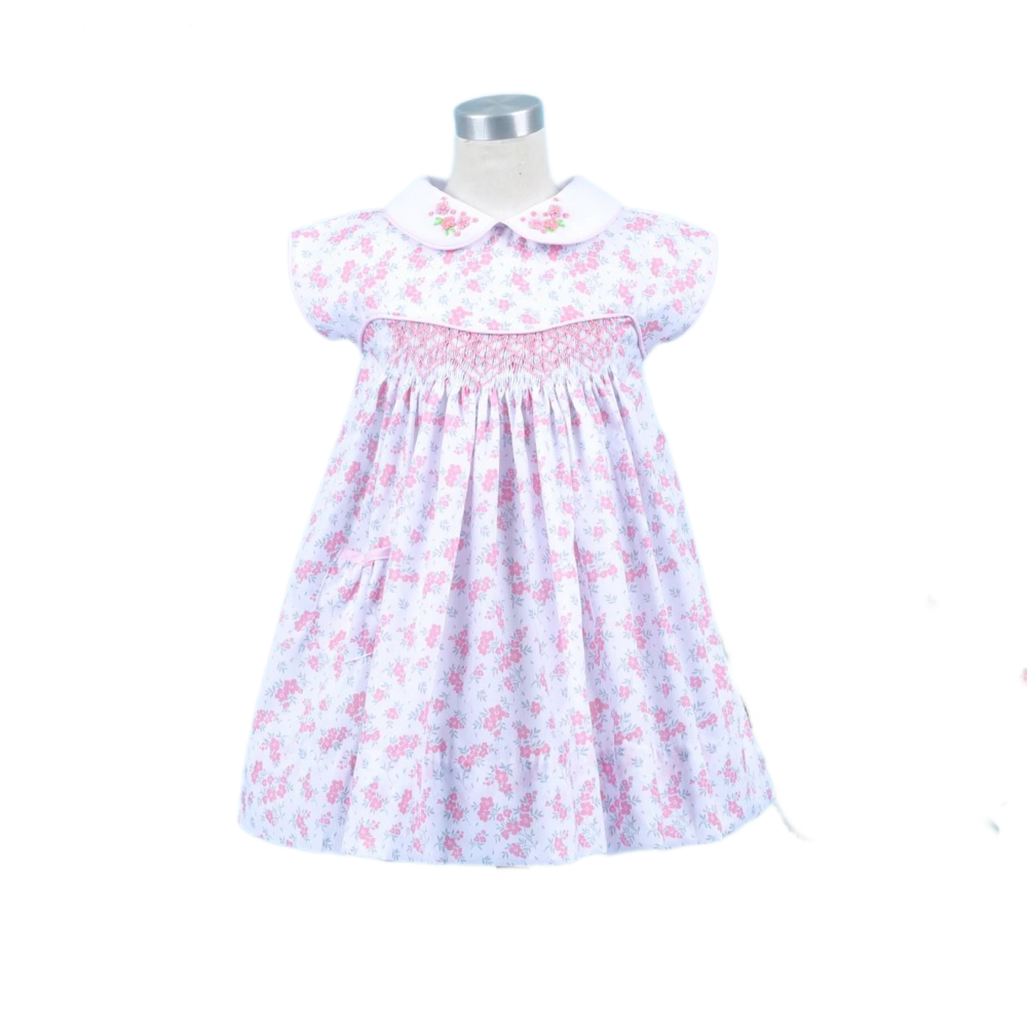 Geometric Smocked Dress With Pink Hand Embroidery Flowers For Girl