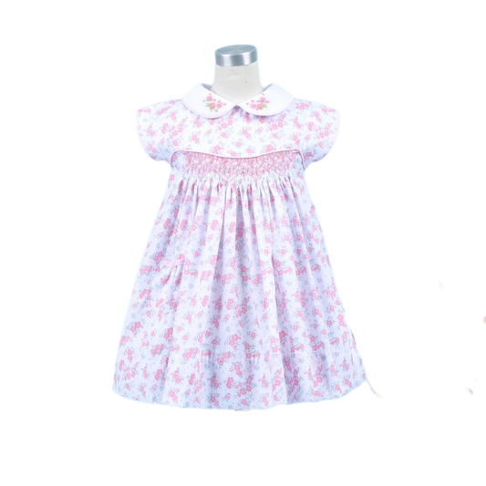 Geometric Smocked Dress With Pink Hand Embroidery Flowers For Girl