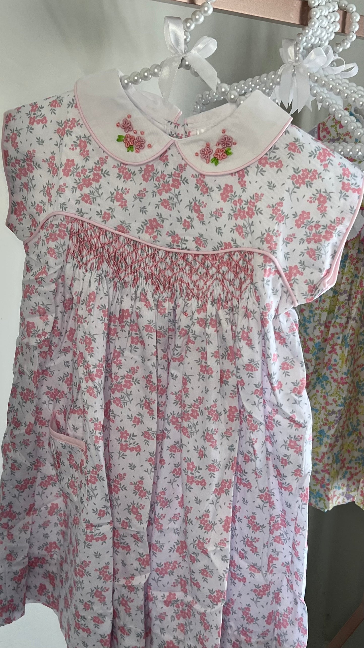 Geometric Smocked Dress With Pink Hand Embroidery Flowers For Girl