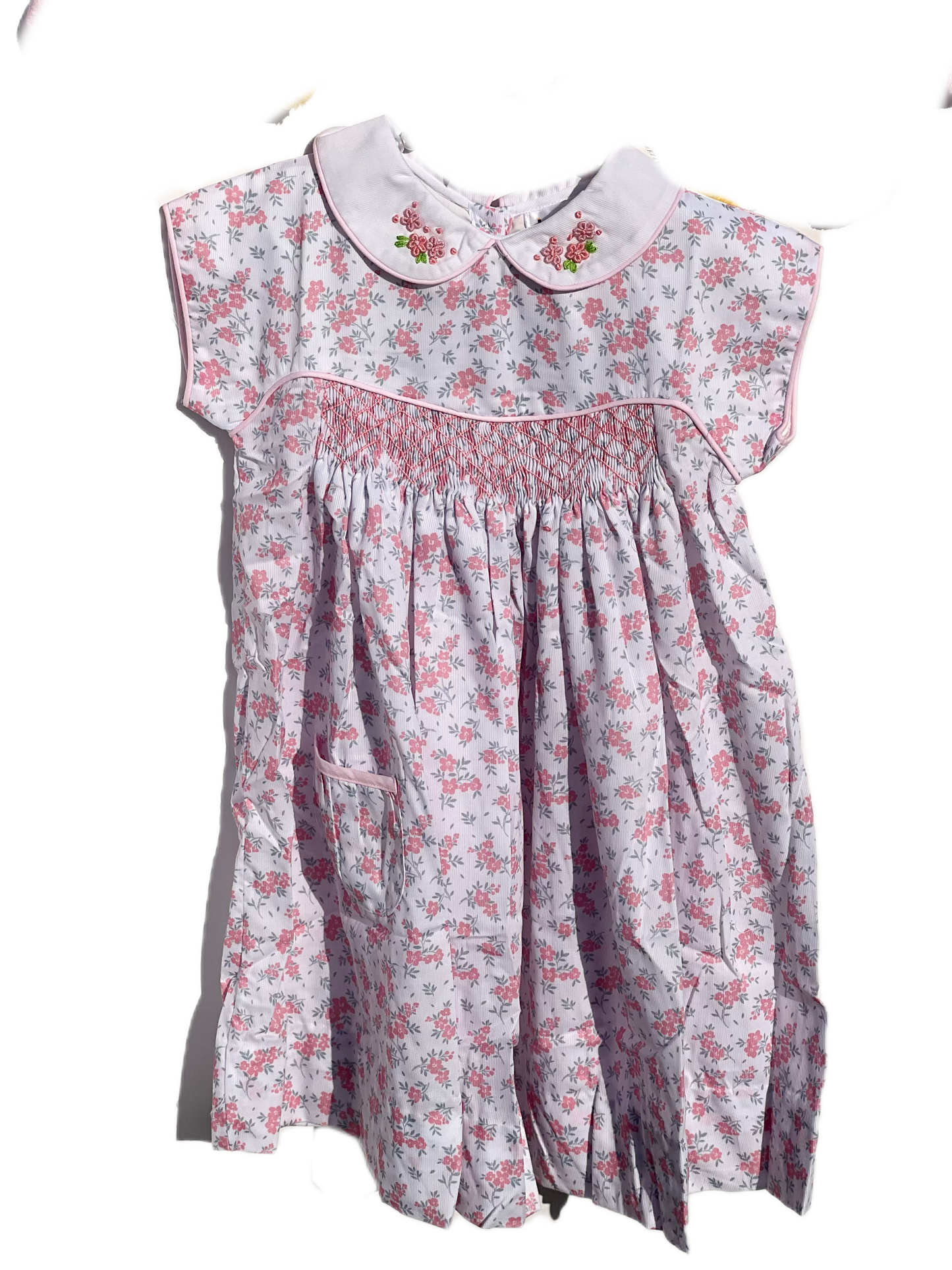 Geometric Smocked Dress With Pink Hand Embroidery Flowers For Girl